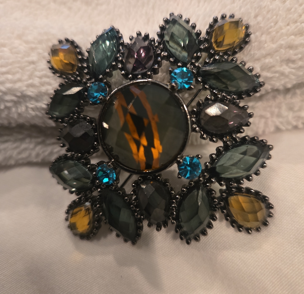 Vintage-Inspired Multi Gem Statement Brooch in Amber, Teal & Olive